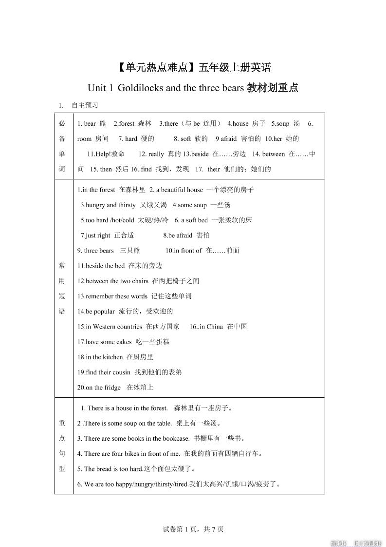 【单元热点难点】译林版（三起）英语五年级上册Unit1Goldilocksandthethreebears教材划重点-墨痕学科