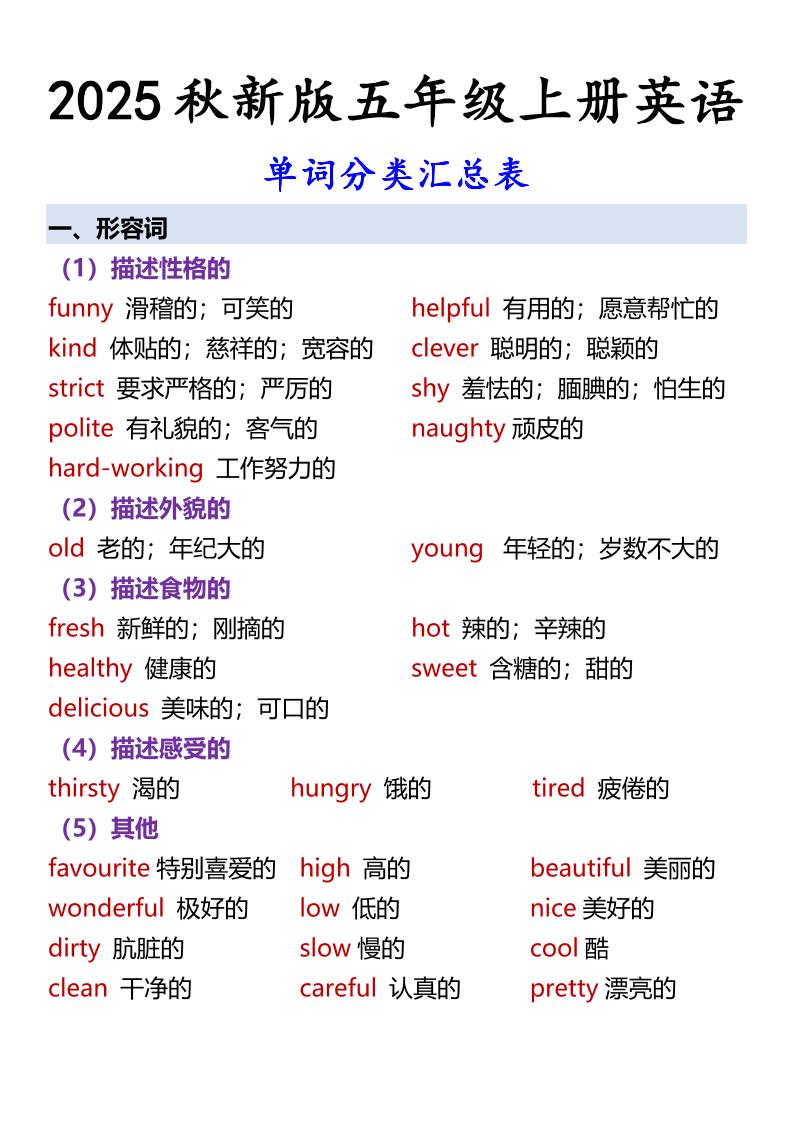 【2025秋新版】五年级上册英语单词分类汇总表-墨痕学科
