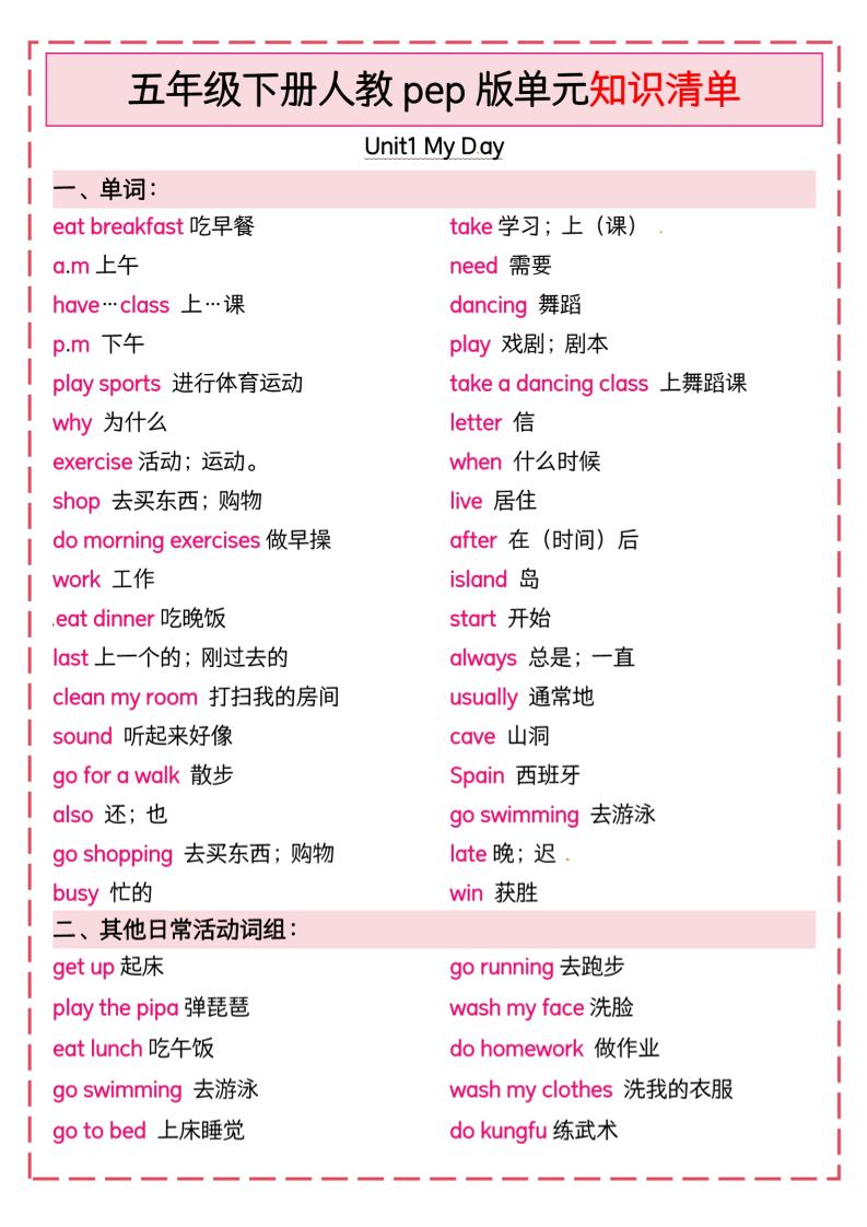 五下英语人教pep版单元知识清单-墨痕学科