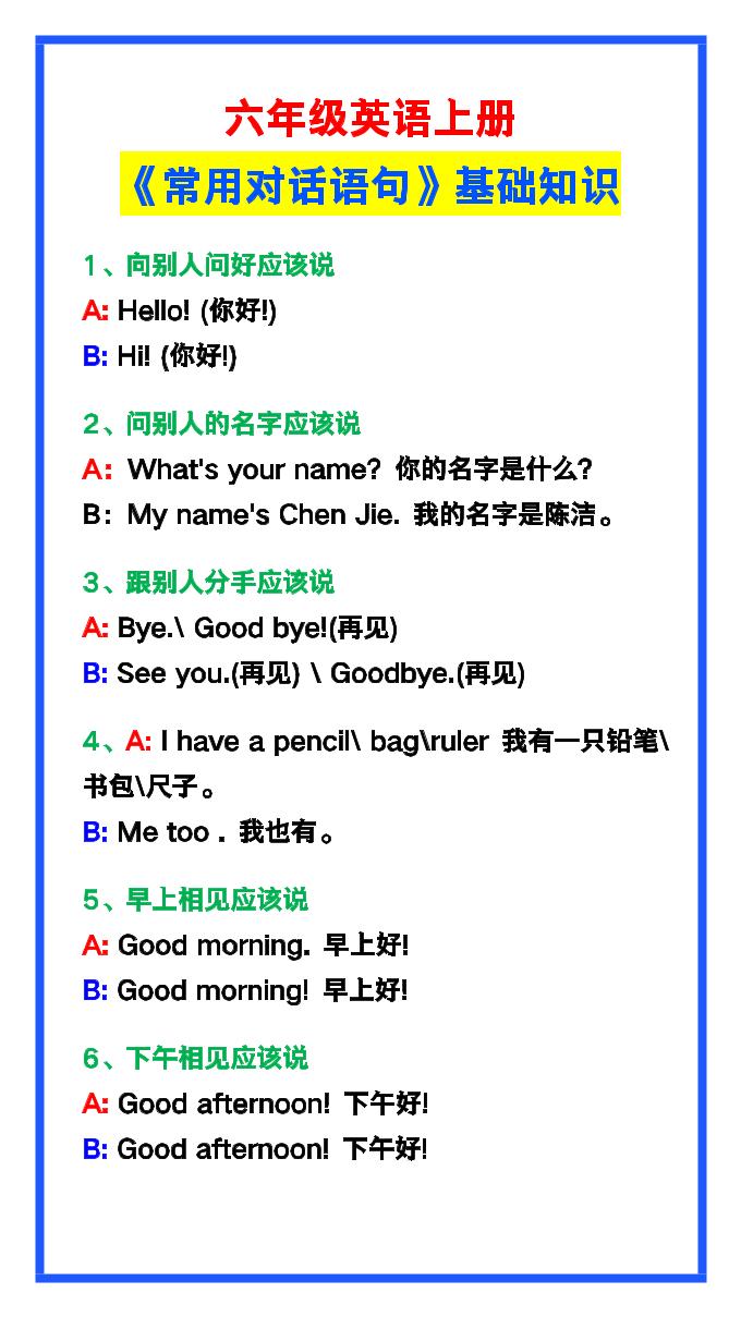 【2025秋新版】六年级英语上册《常用对话语句》-墨痕学科