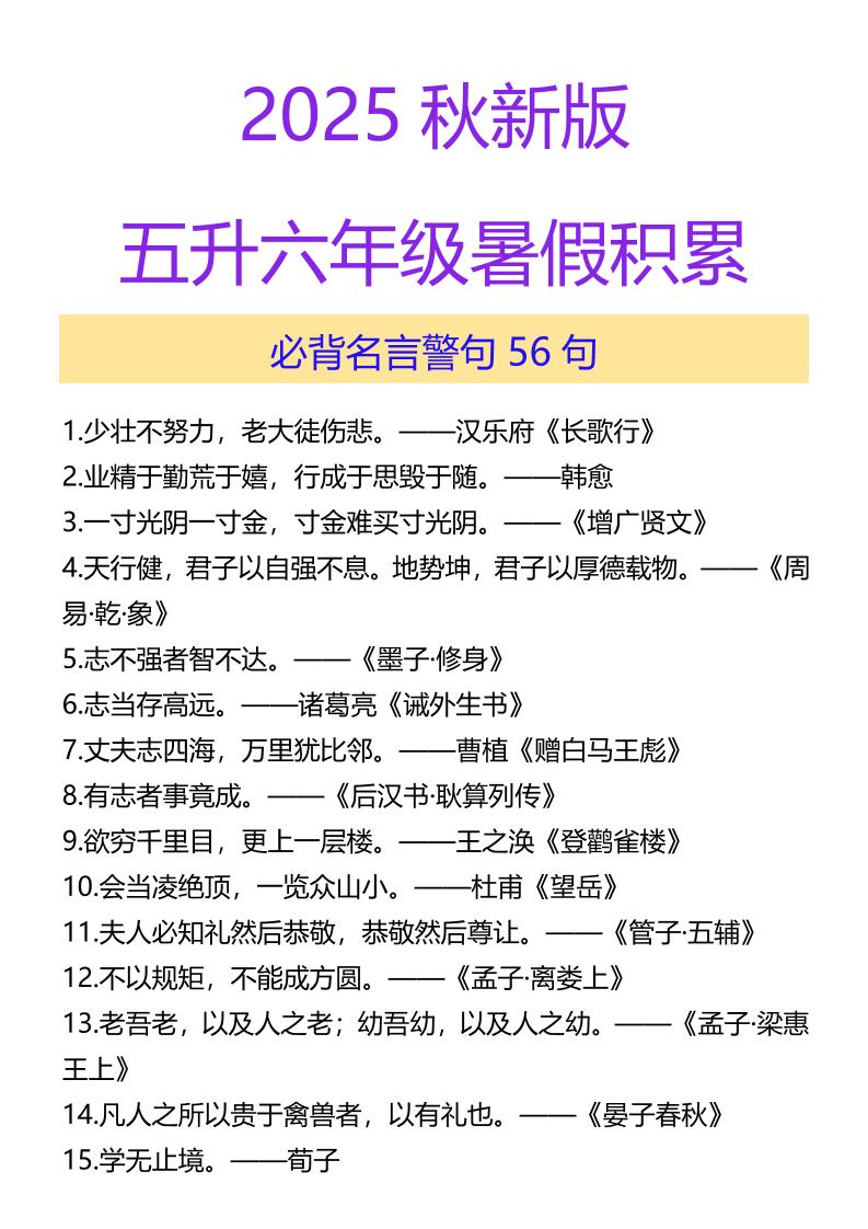 【2025秋新版】五升六年级暑假积累必背名言警句56句-六上语文-墨痕学科