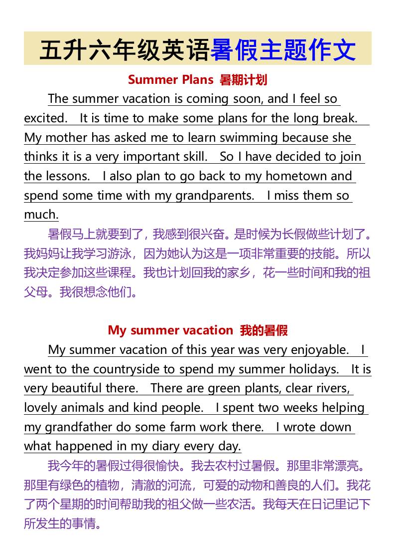 五升六年级英语暑假主题作文-六上英语-墨痕学科