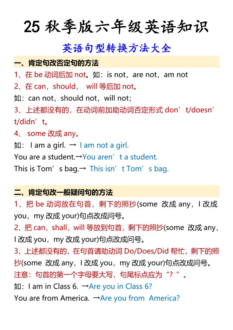 【2025秋新版】六年级上册英语英语句型转换方法大全-墨痕学科