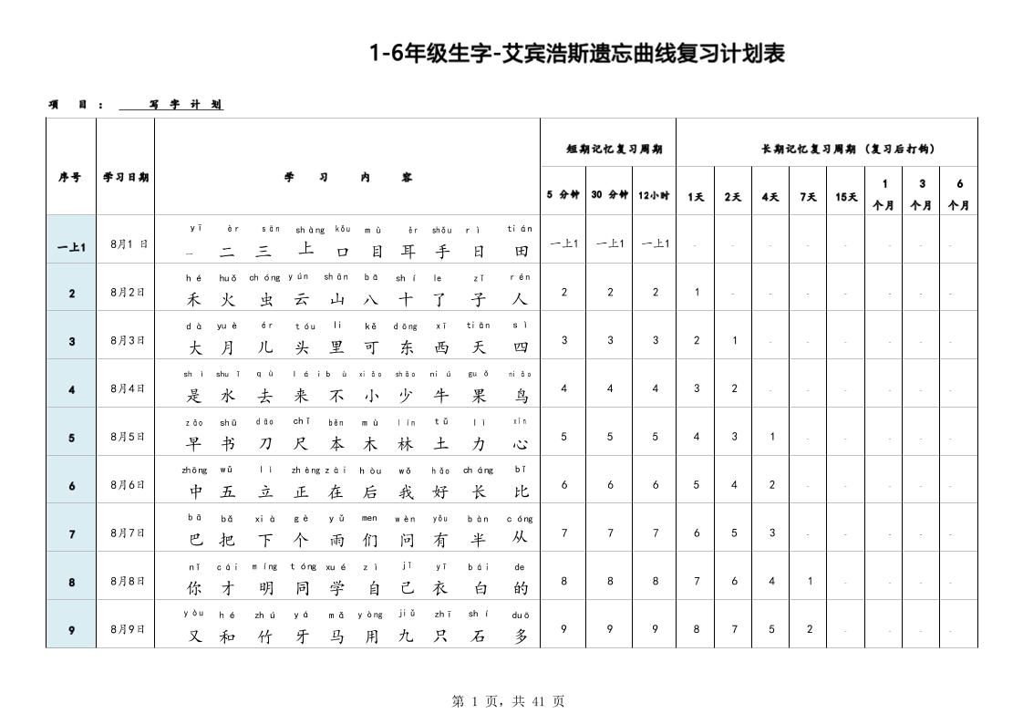 艾宾浩斯曲线生字表3500（1-6年级）-墨痕学科