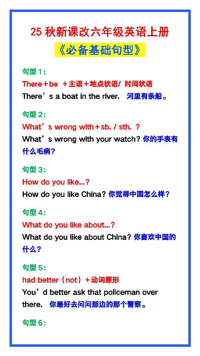 【2025秋新版】六年级英语上册《必备基础句型》，最全整理！-墨痕学科