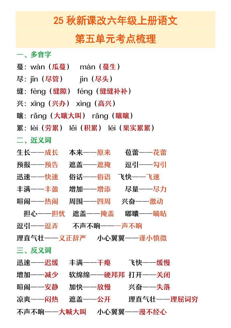 【2025秋新版】六年级上册语文第五单元重点考点梳理-墨痕学科