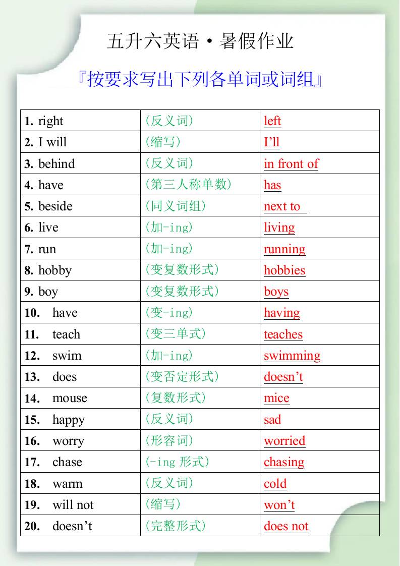 五升六英语暑假作业之按要求写出下列各单词或词组-六上英语-墨痕学科