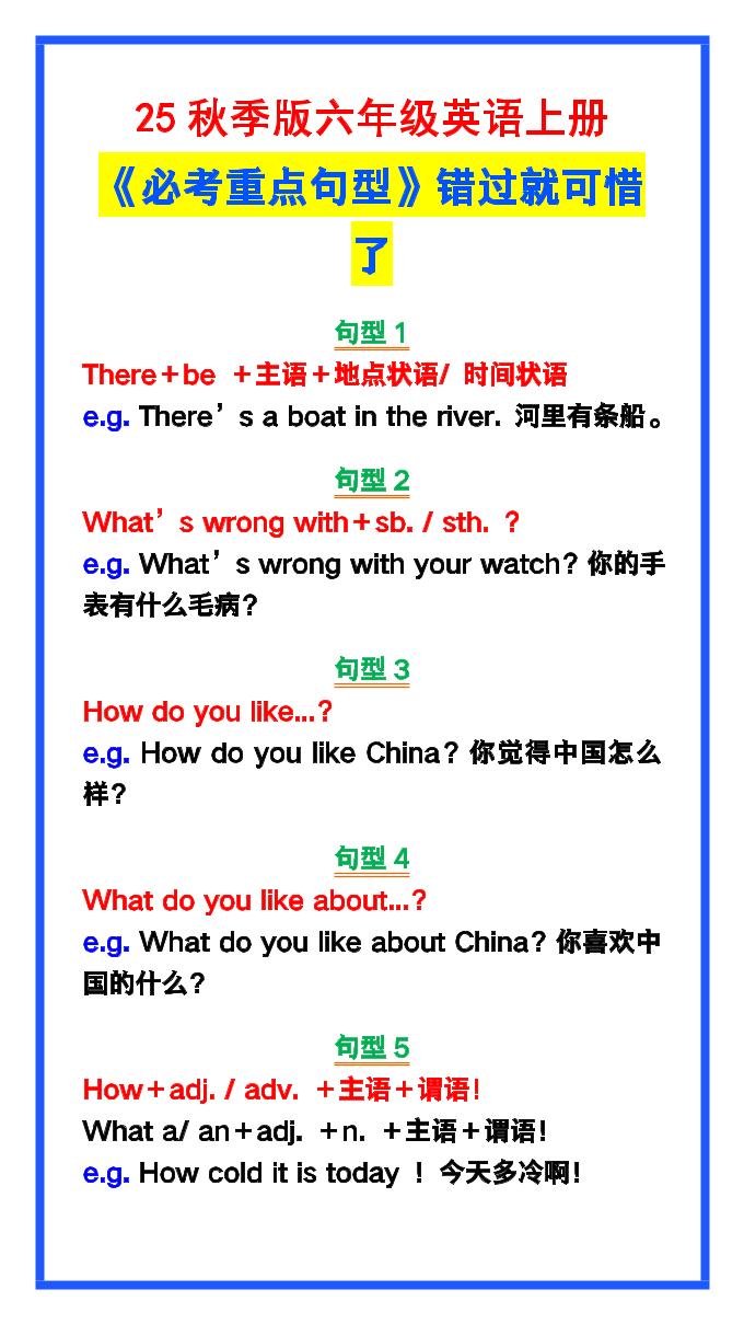 【2025秋新版】六年级英语上册《必考重点句型》错过就太可惜了！-墨痕学科