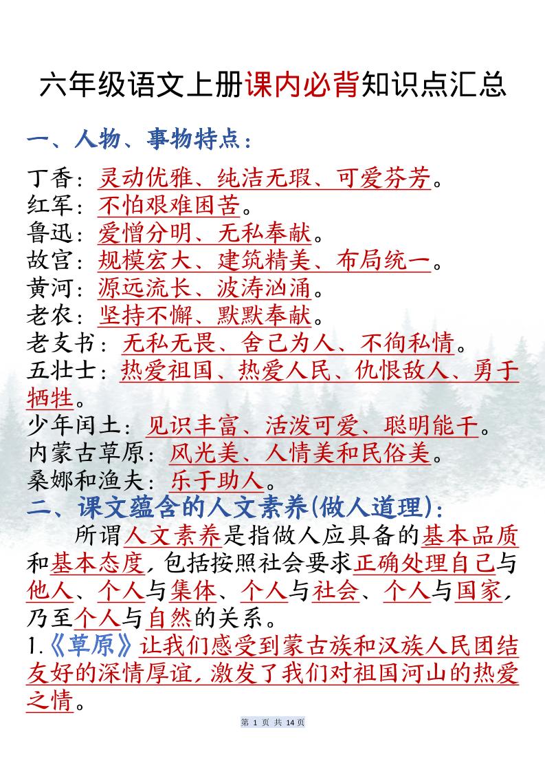 六上语文课内必背知识点汇总（共14页）-墨痕学科
