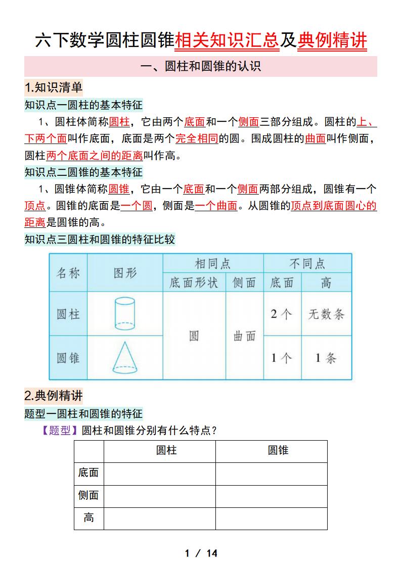 六下数学圆柱圆锥相关知识汇总及典例精讲-墨痕学科
