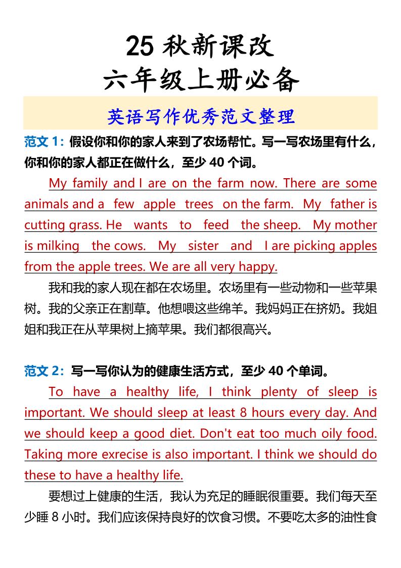 【2025秋新版】六年级上册必备英语写作优秀范文整理-墨痕学科