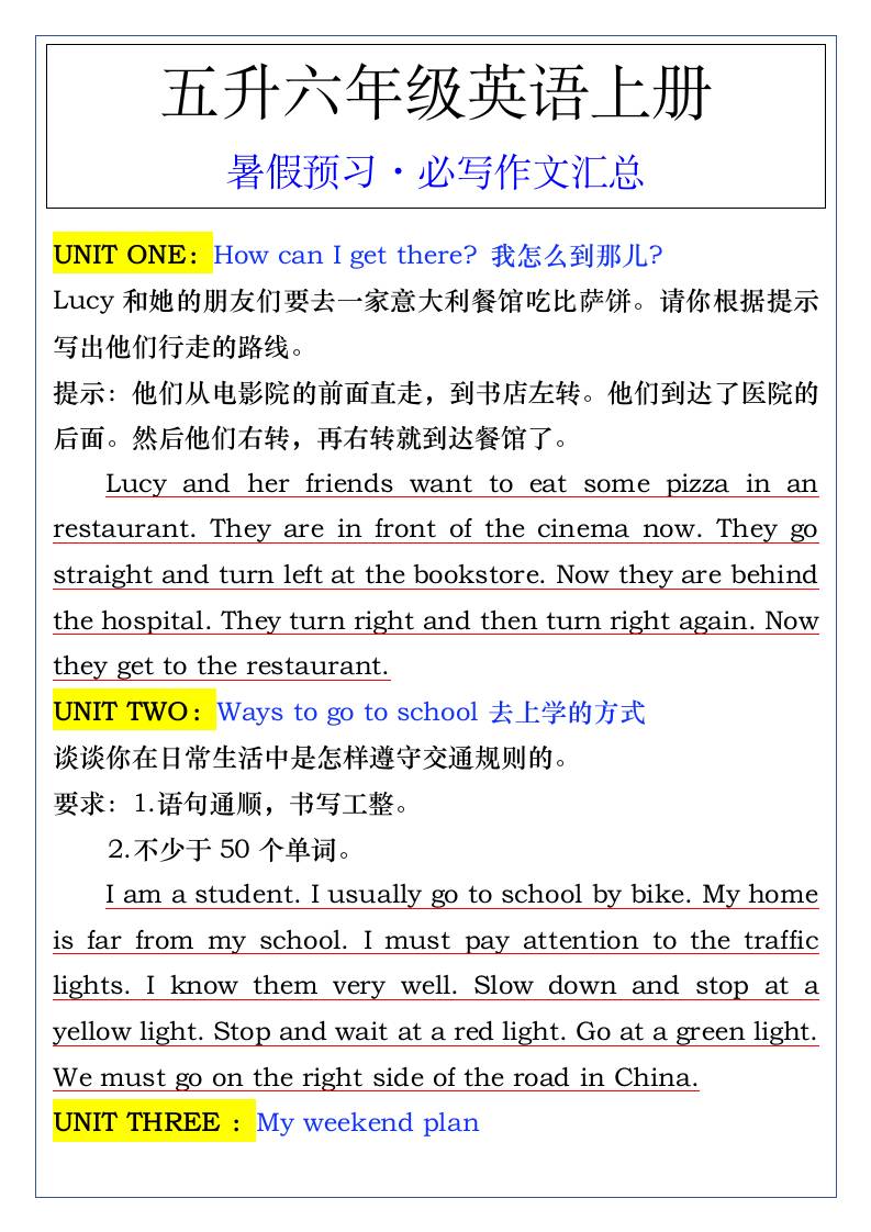 五升六年级英语上册暑假预习·必写作文汇总-六上英语-墨痕学科