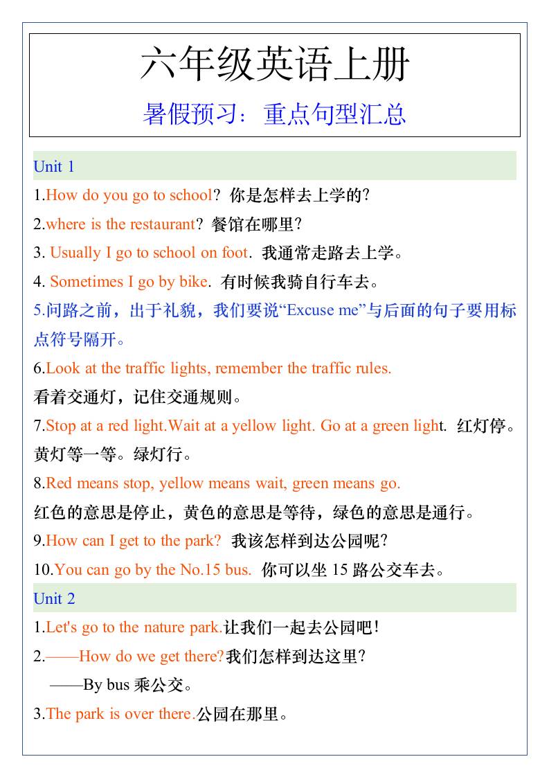 五升六年级英语上册暑假预习：重点句型汇总-六上英语-墨痕学科