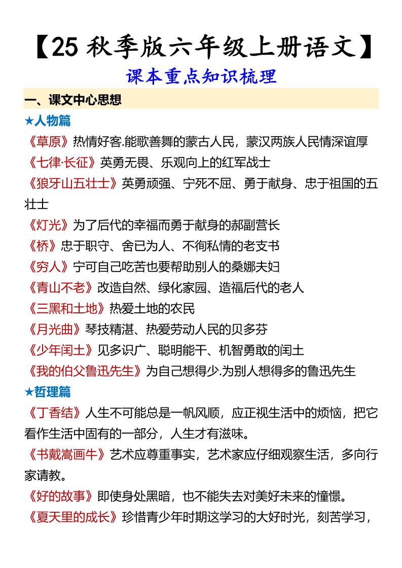 【2025秋新版】【六年级上册语文】课本重点知识梳理-墨痕学科
