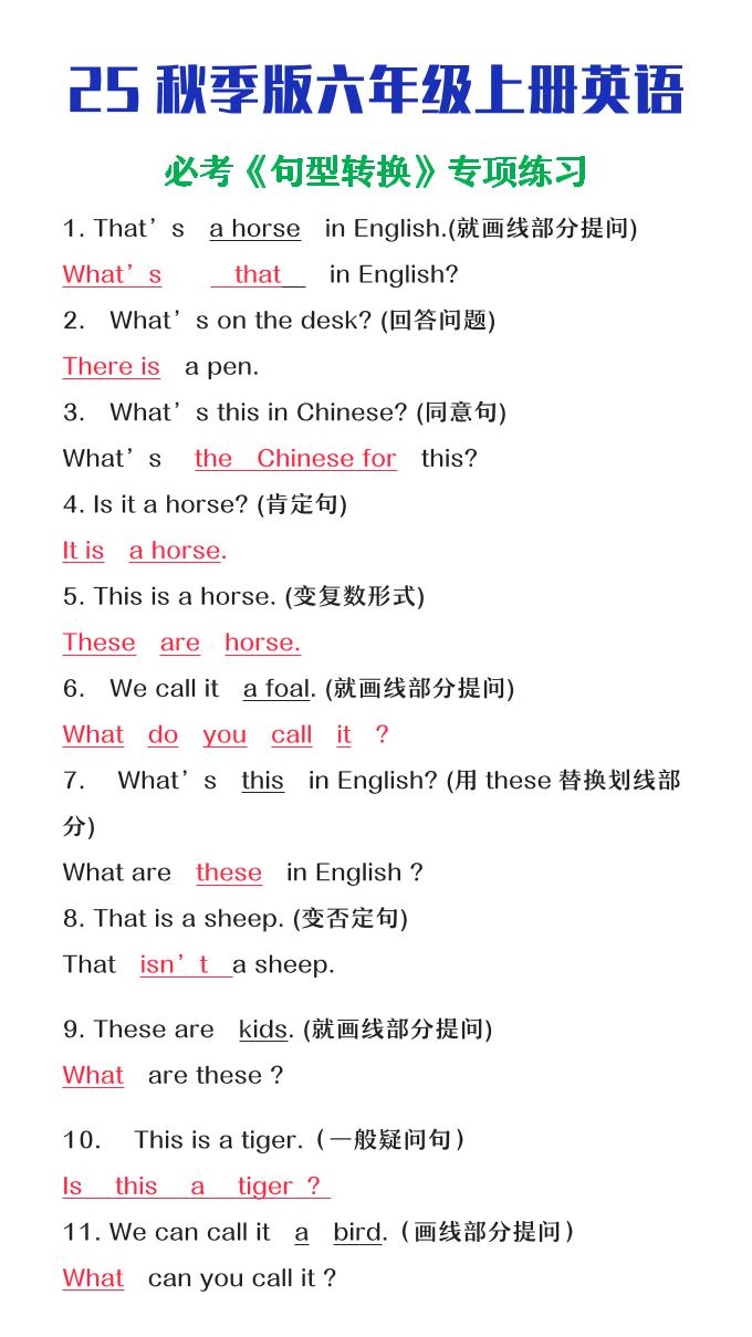 【2025秋新版】六年级上册英语必考句型转换-墨痕学科