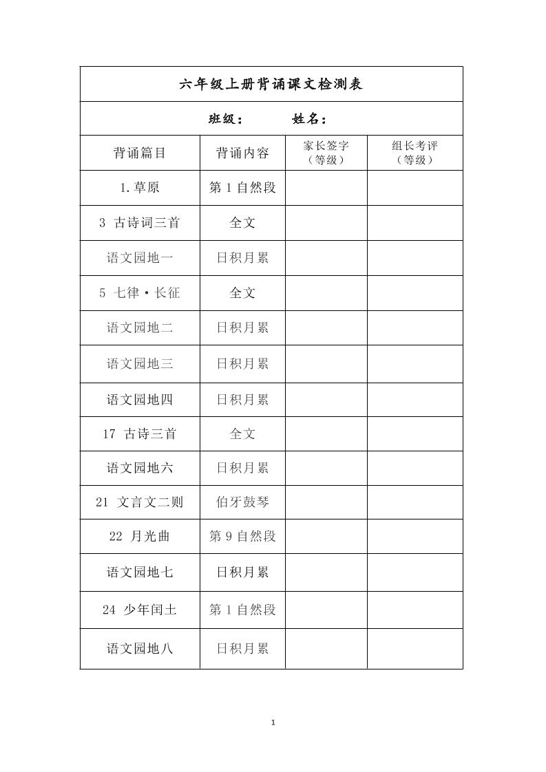 六年级上册背诵课文检测表及内容-语文-墨痕学科