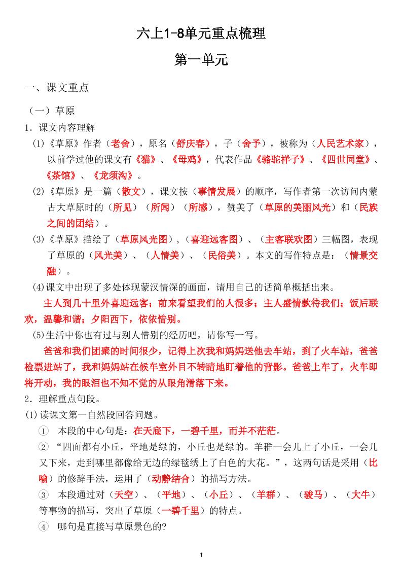 六上1-8单元重点梳理（课文重点+语文园地）-墨痕学科