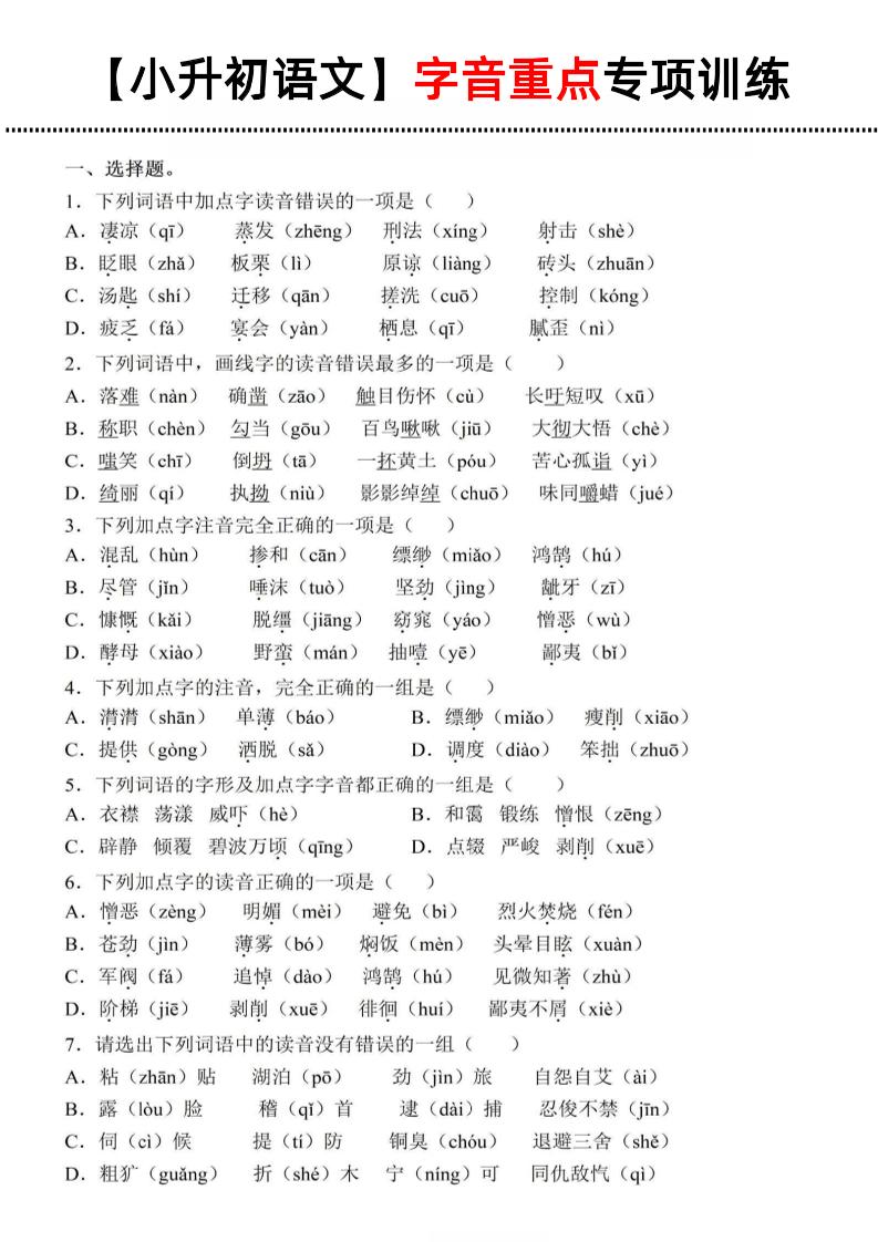 《小升初语文字音重点专项训练》-墨痕学科