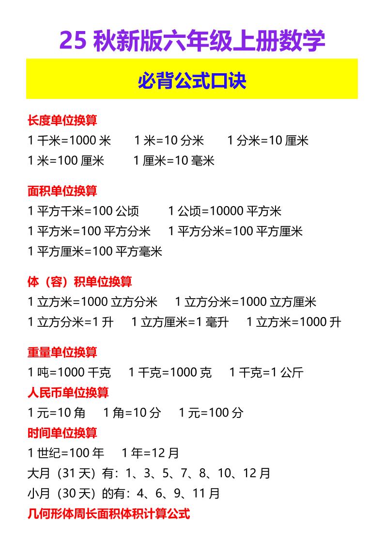 【2025秋新版】六年级上册数学必背公式口诀-墨痕学科