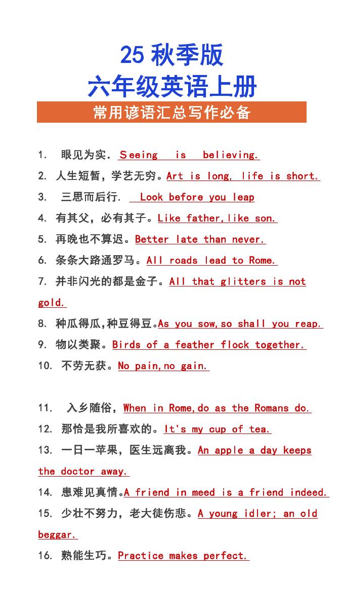 【2025秋新版】六年级上册英语常用谚语汇总写作必备-墨痕学科