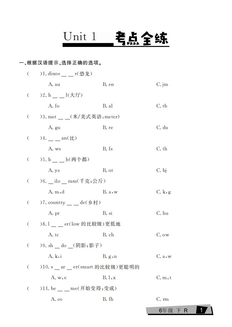 六下英语复习《考点全练》人教PEP版-墨痕学科