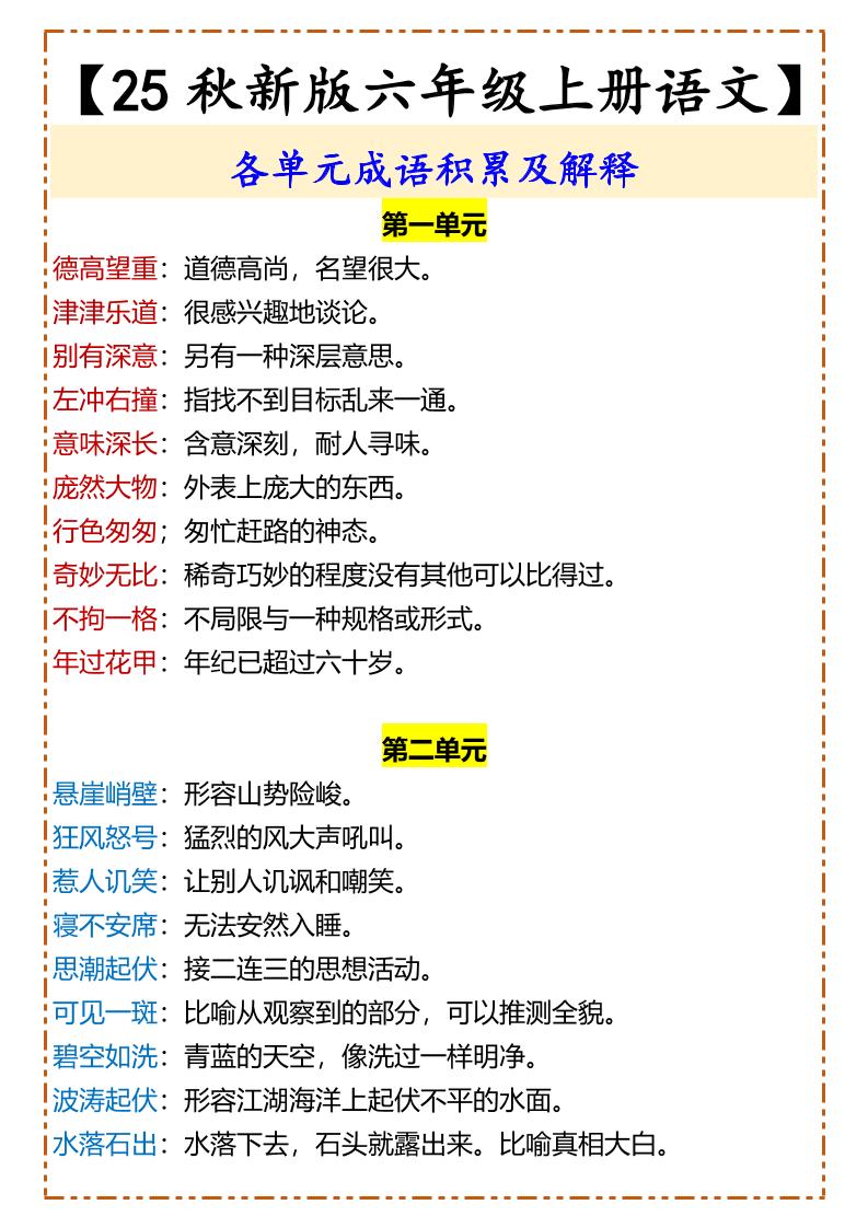 【2025秋新版】【六年级上册语文】各单元成语积累及解释-墨痕学科