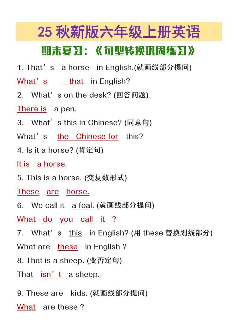 【2025秋新版】六年级上册英语期末复习句型转换巩固练习-墨痕学科