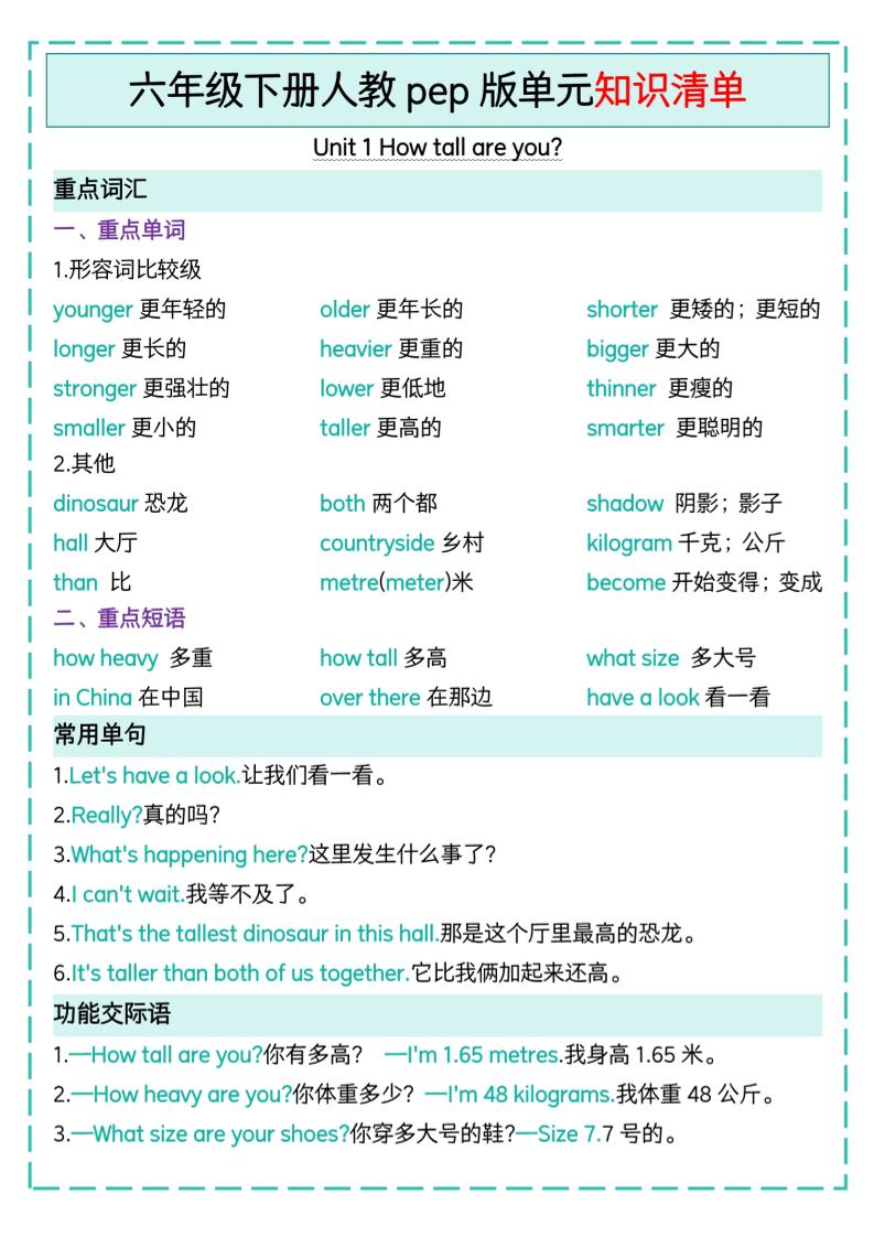 六下英语人教pep版单元知识清单-墨痕学科