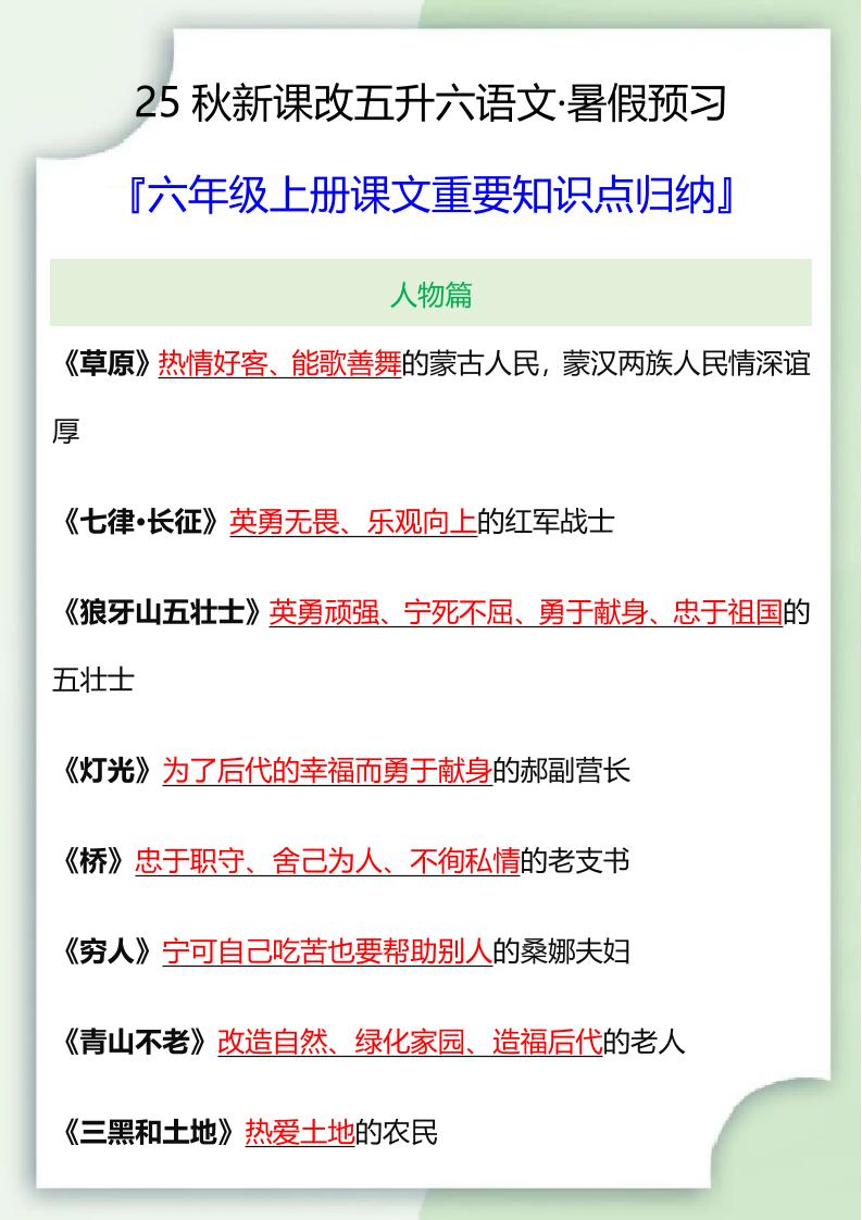 【2025秋新版】六年级语文上册课文重要知识点归纳-墨痕学科