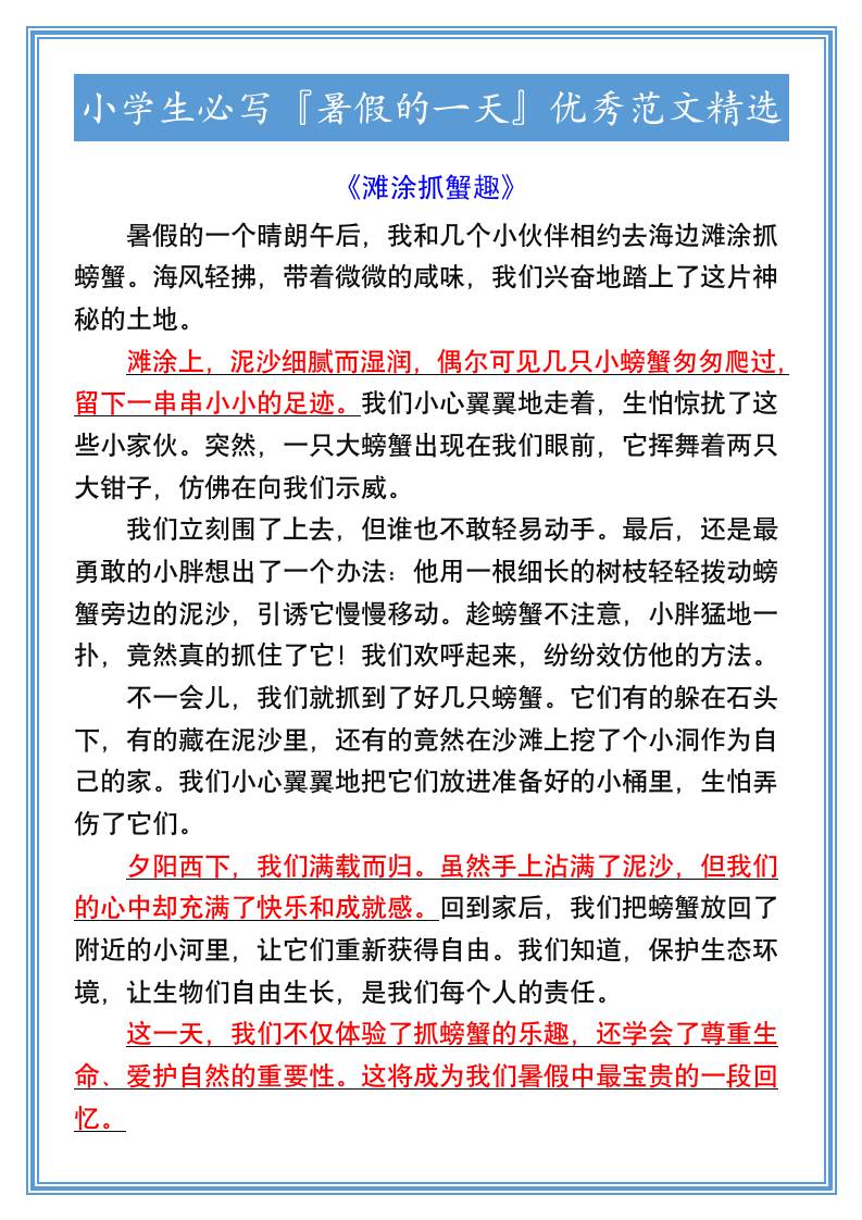 小学生必写『暑假的一天』优秀范文精选-小升初语文-墨痕学科