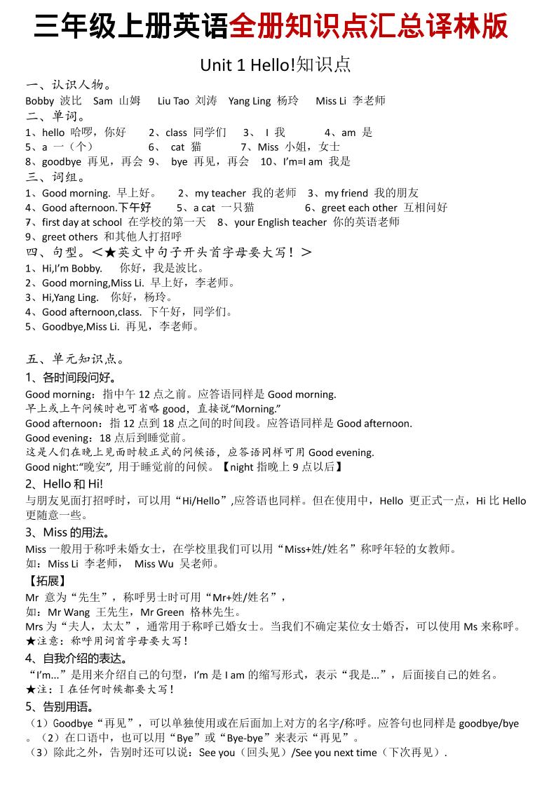 三年级上英语知识点汇总《译林版》-墨痕学科