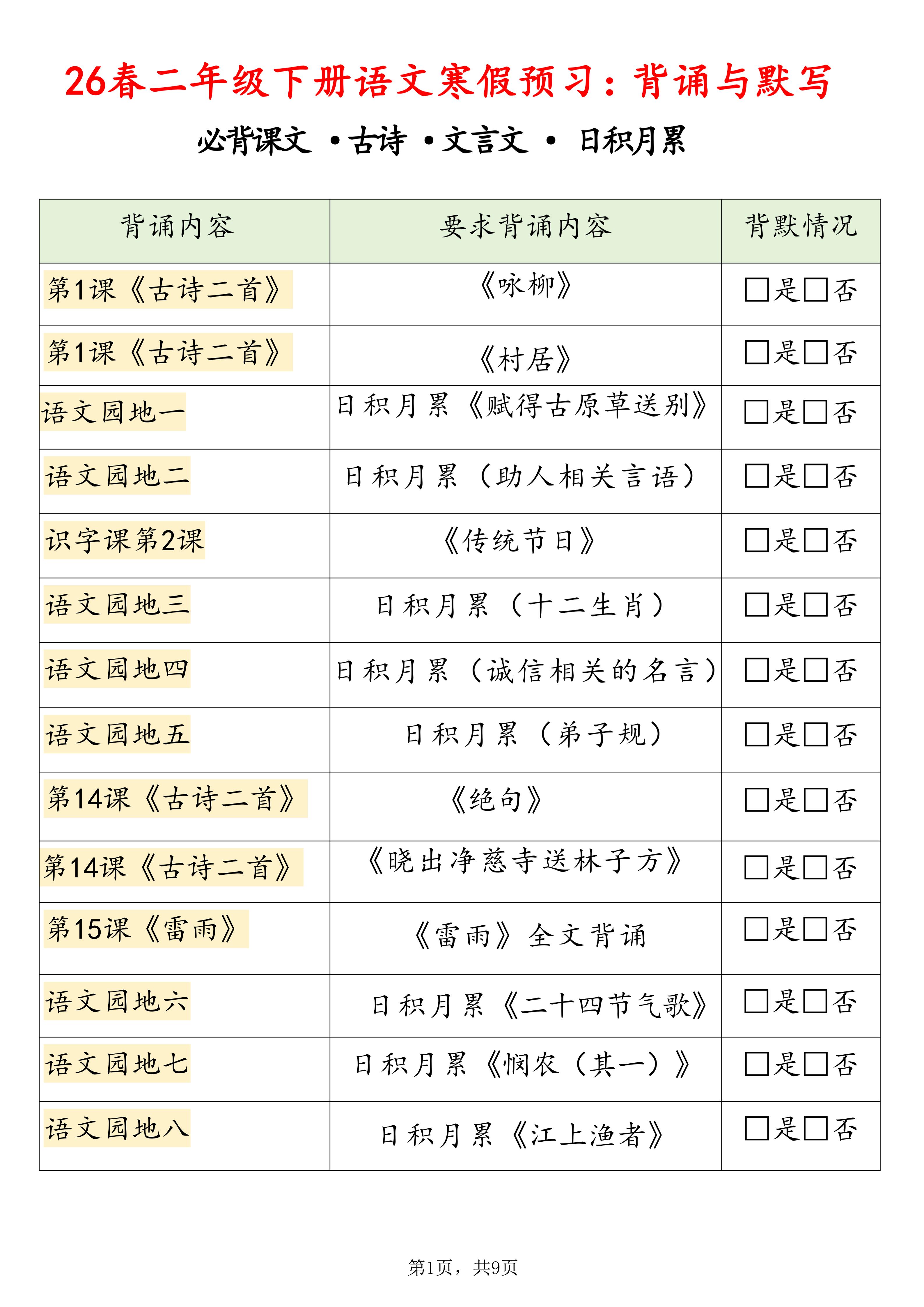 26春二下语文寒假预习背诵与默写（必背课文、古诗、文言文、日积月累）9页-墨痕学科