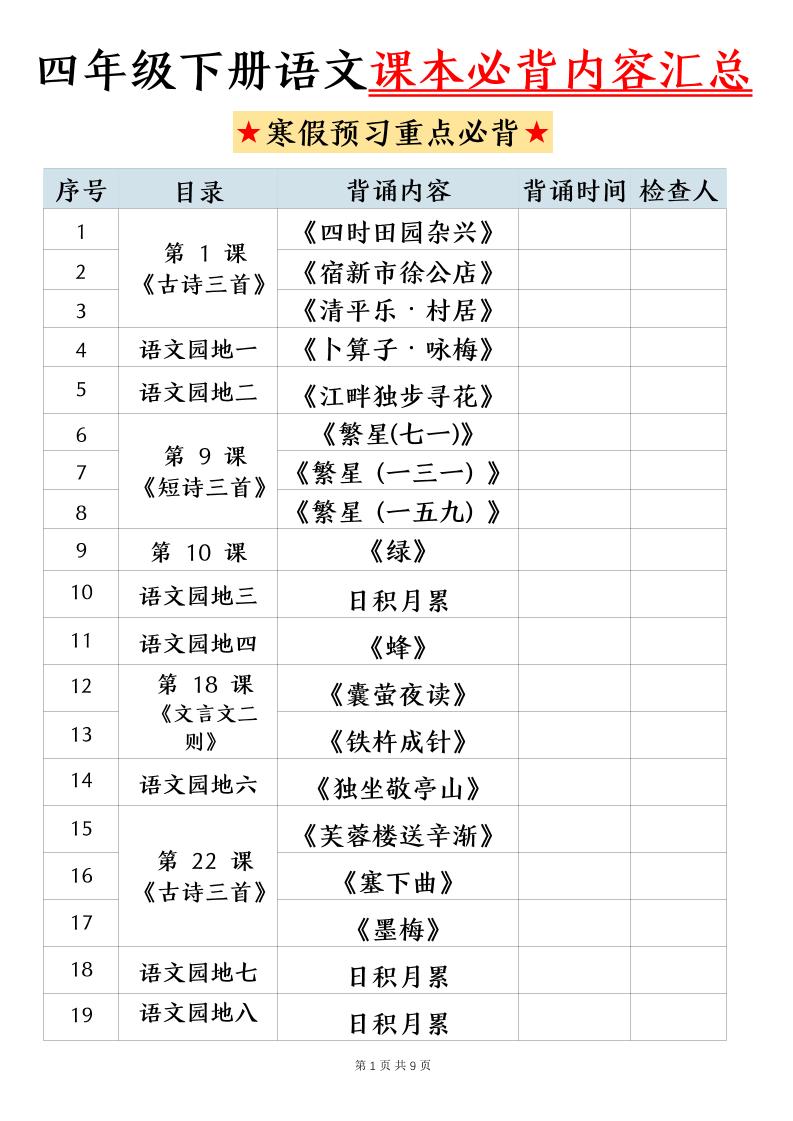 四下语文寒假预习课本必背内容汇总（9页）-墨痕学科