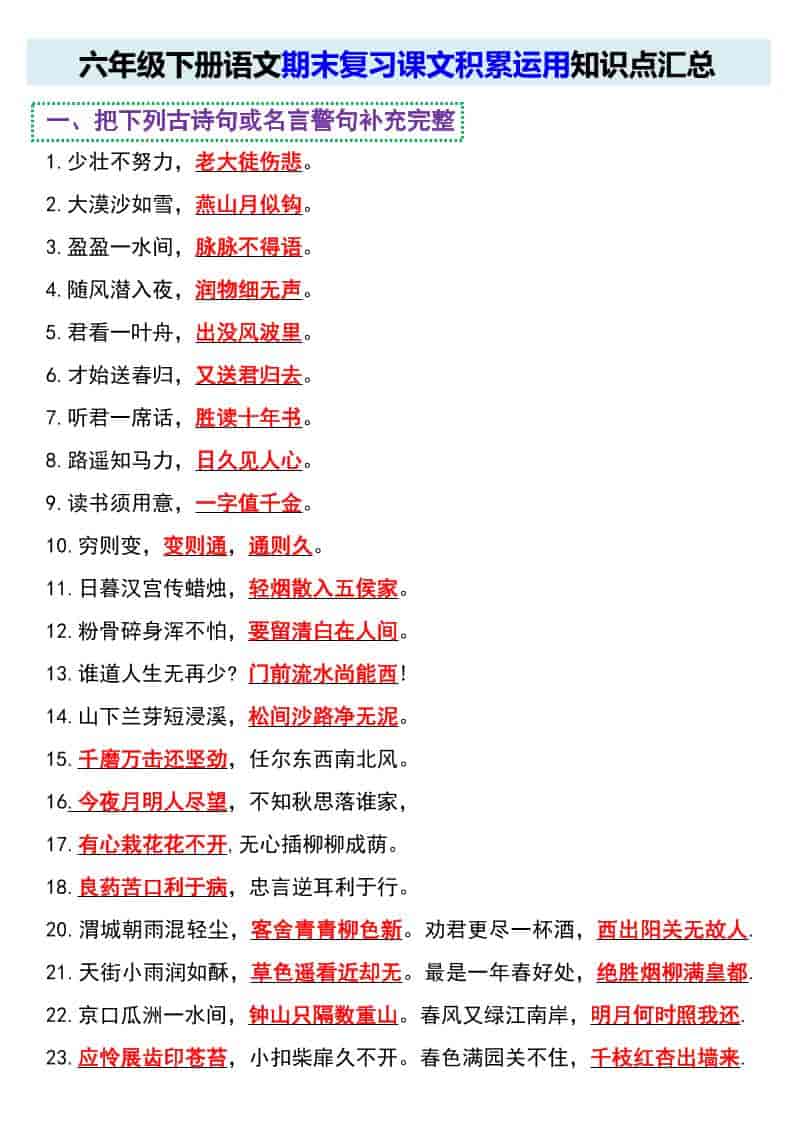 六年级下语文期末复习课文积累运用知识点汇总-墨痕学科