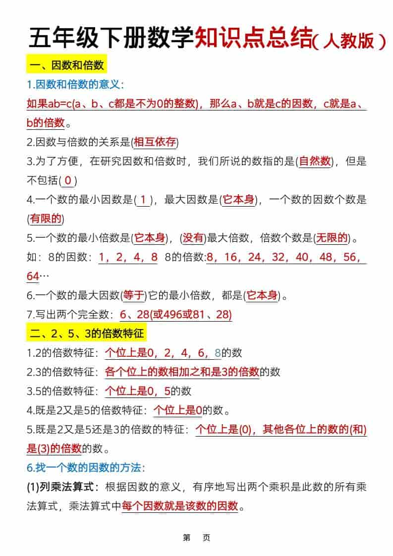 五年级下数学知识点总结《人教版》-墨痕学科