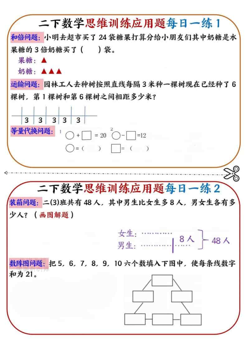 二年级下数学思维训练应用题每日一练小纸条-墨痕学科