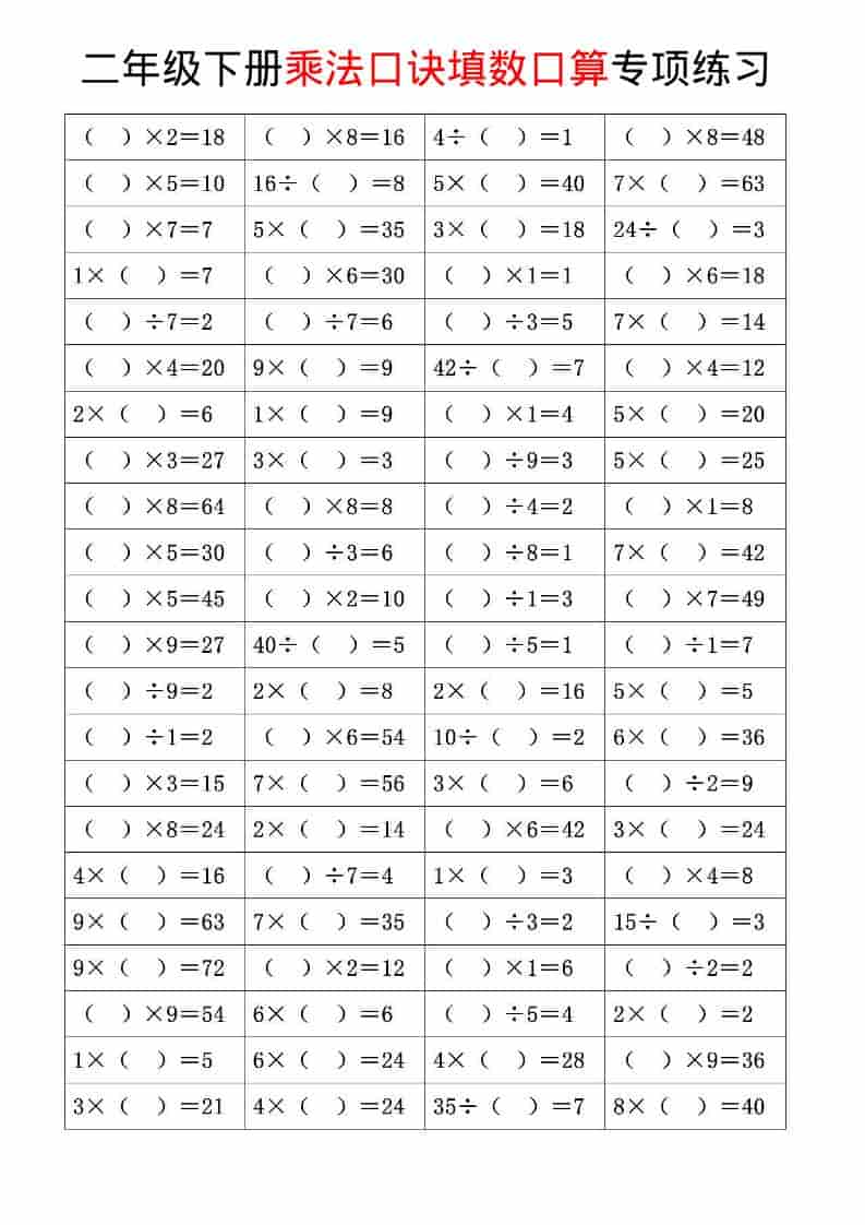 二年级下数学乘法口诀和混合运算专项练习-墨痕学科