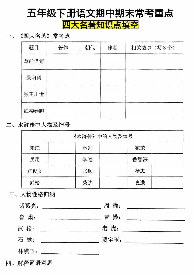 五年级下语文四大名著知识点填空-墨痕学科