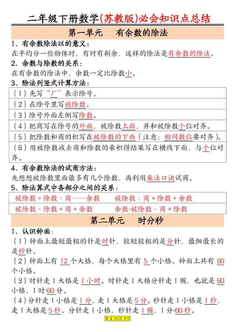 二年级下数学必会知识汇总《苏教版》-墨痕学科