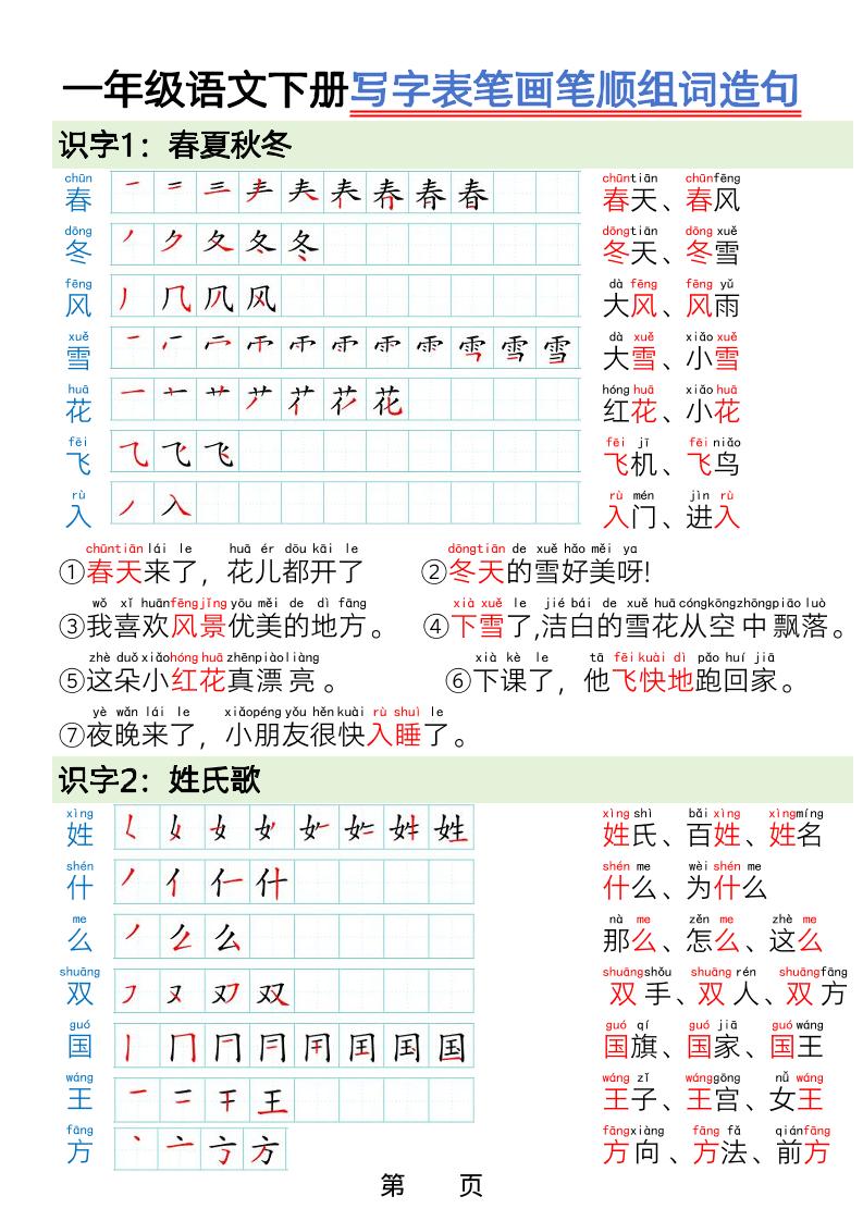 一年级下语文写字表笔画笔顺组词造句-墨痕学科