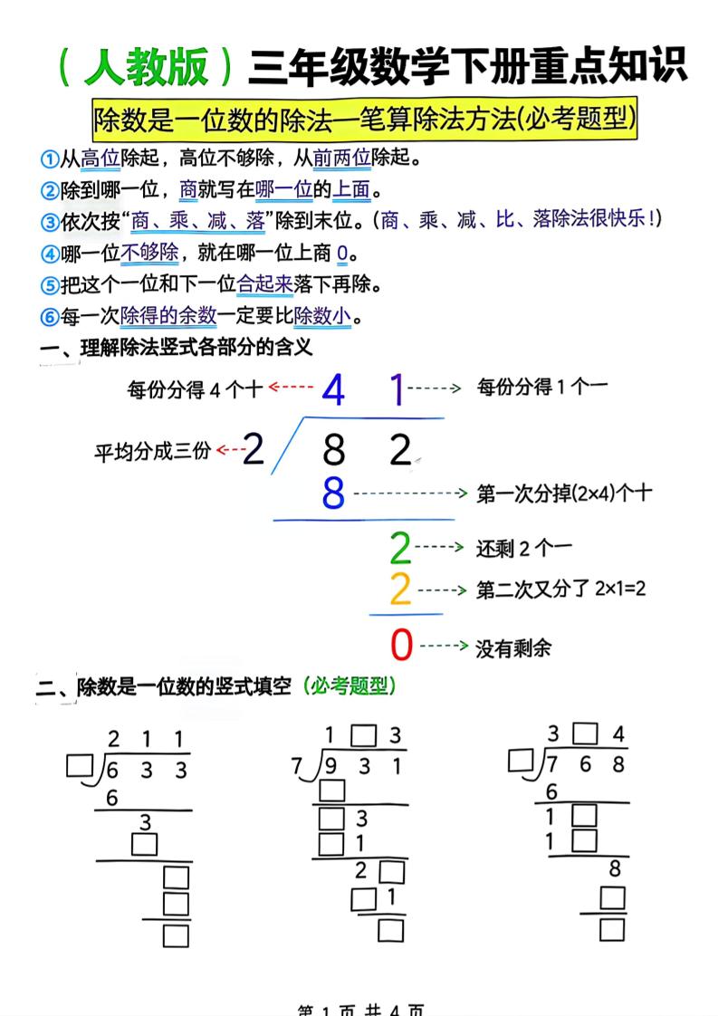 三年级下数学除数是一位数的除法—笔算除法方法(必考题型)《人教版》-墨痕学科
