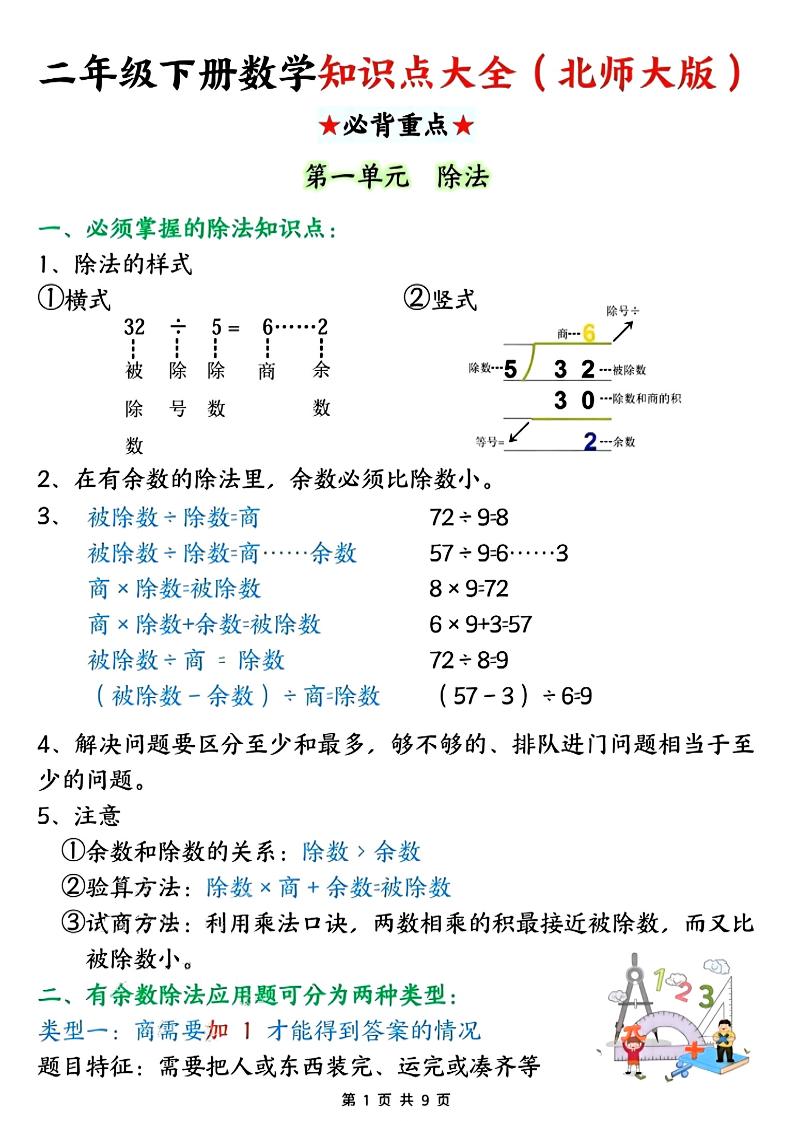 二年级下数学知识点大全《北师版》-墨痕学科