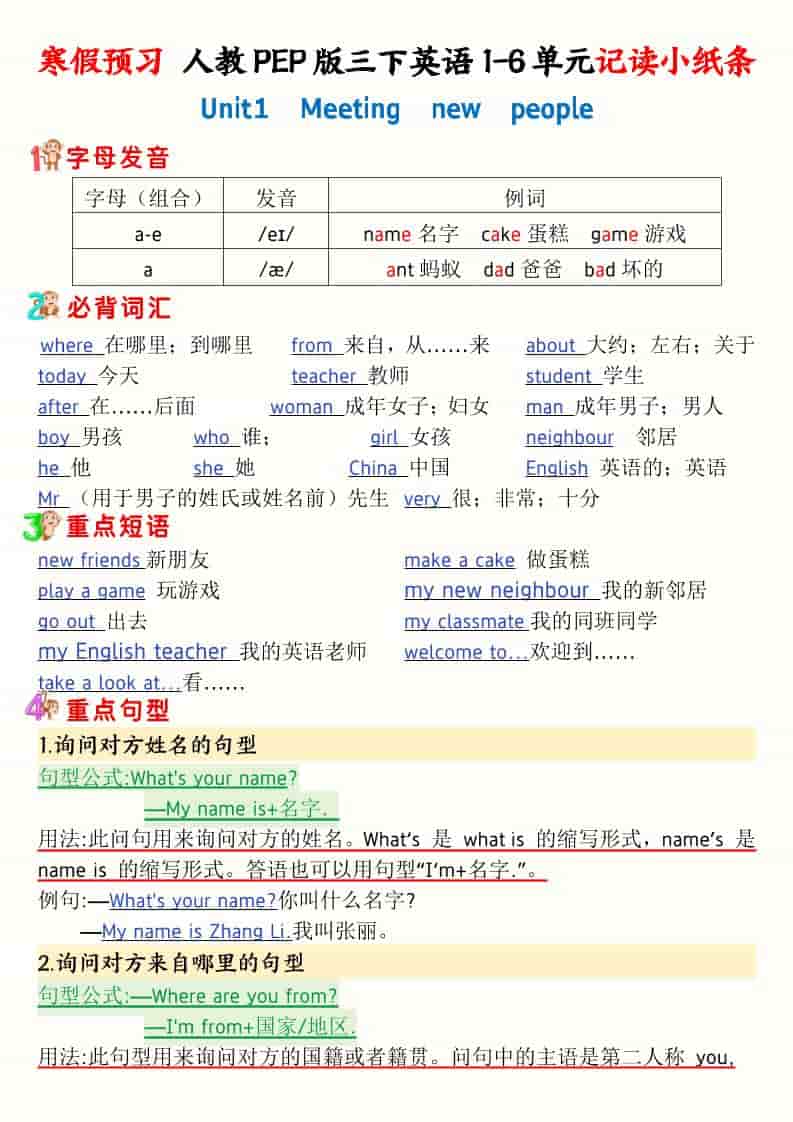 三年级下英语寒假预习1-6单元记读小纸条《人教版PEP》-墨痕学科