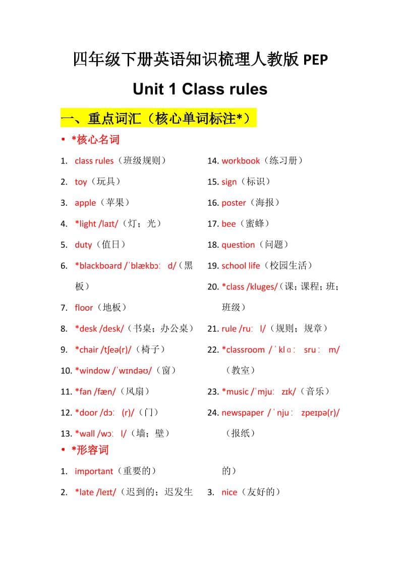 四年级下英语Unit1知识梳理+默写单《人教版PEP》-墨痕学科