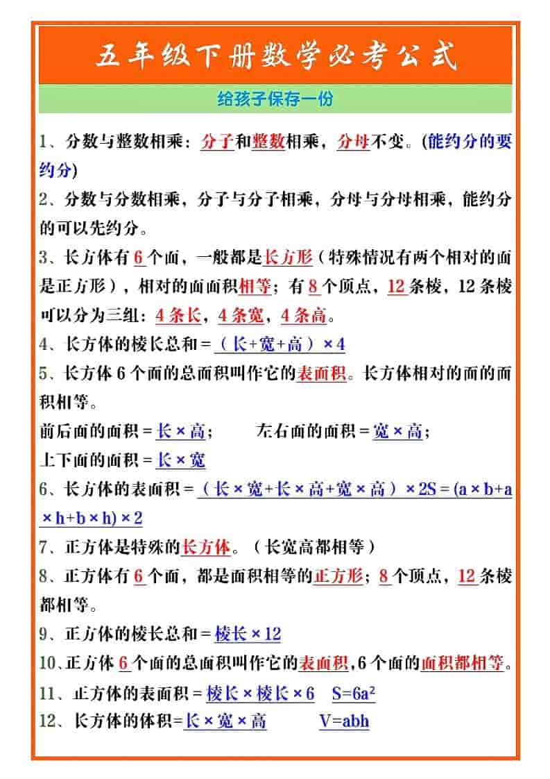 五年级下数学必考重点公式（开学必背）《人教版》-墨痕学科