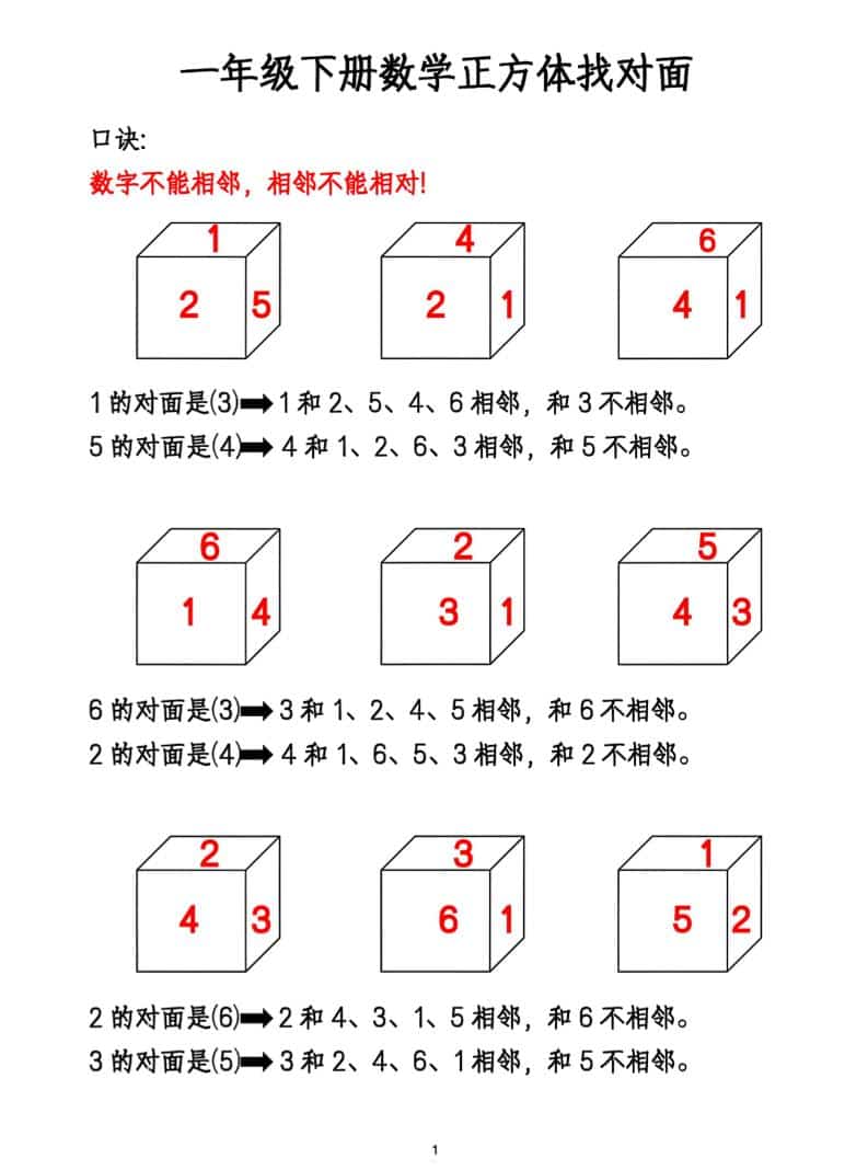 一年级下数学正方体找对面专项练2-墨痕学科