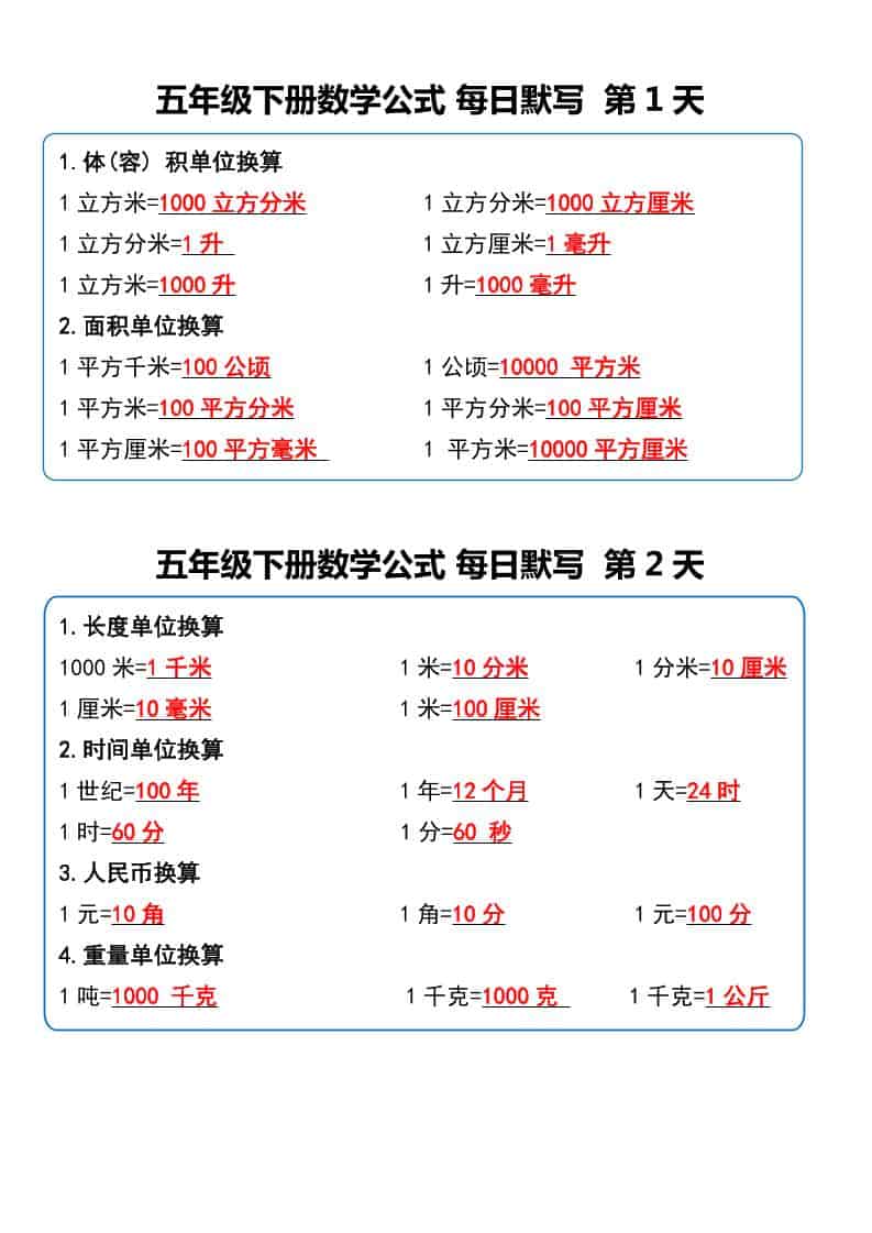 五年级下数学数学公式每日默写小纸条-墨痕学科