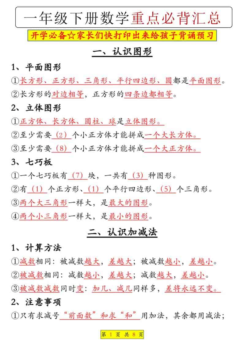 一年级下数学重点必背汇总-墨痕学科
