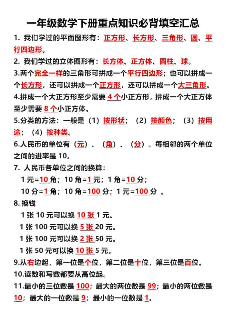 一年级下数学重点必背填空汇总-墨痕学科