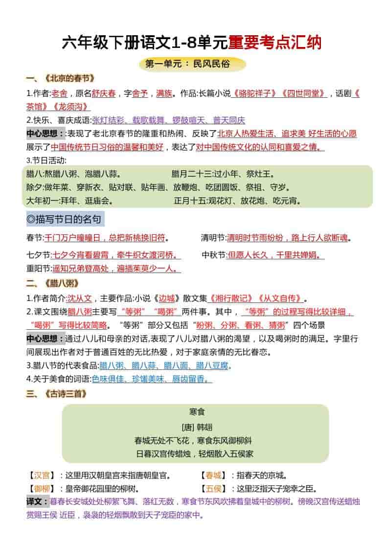 六年级下语文1-8单元重要考点汇总-墨痕学科